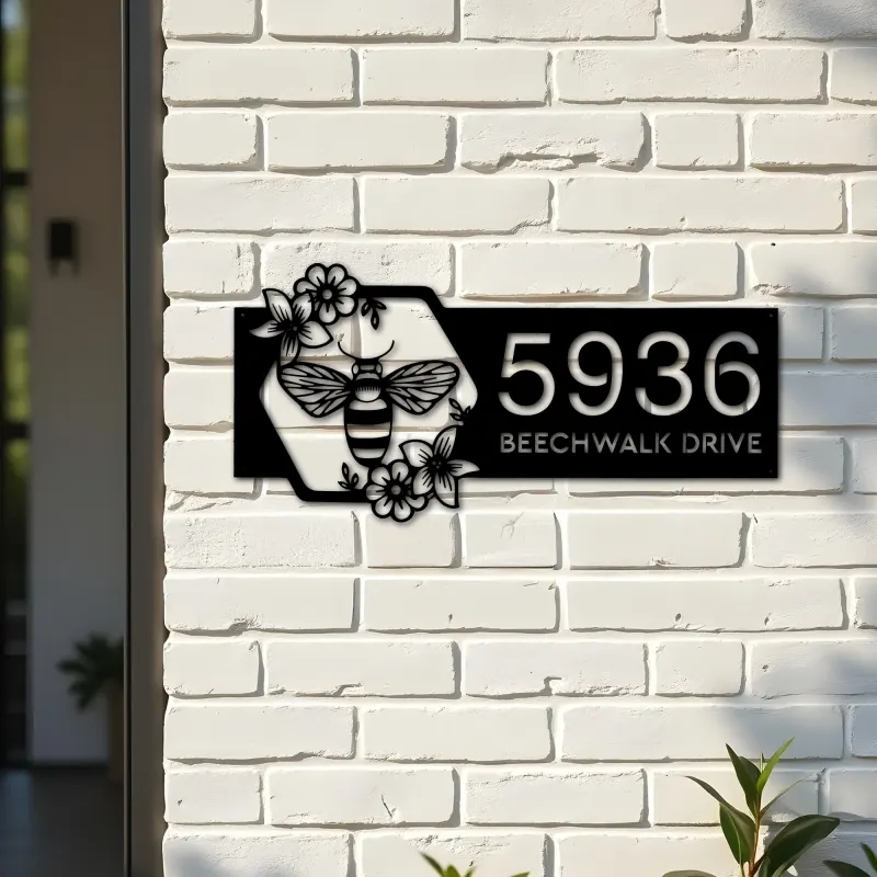Custom Metal Bee on floral frame Metal Address Sign Custom House Number Hanging Address Plaque Yard Sign Outdoor Sign