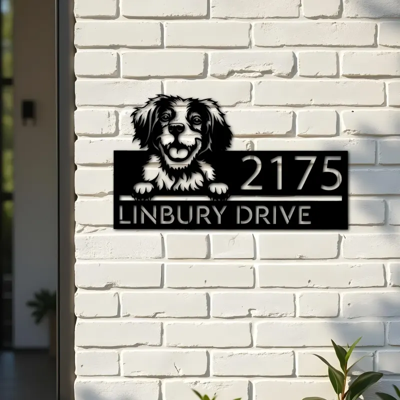 Custom Metal Brittany dog Puppy Metal Address Sign House number Hanging Address Plaque Yard Sign Outdoor decor