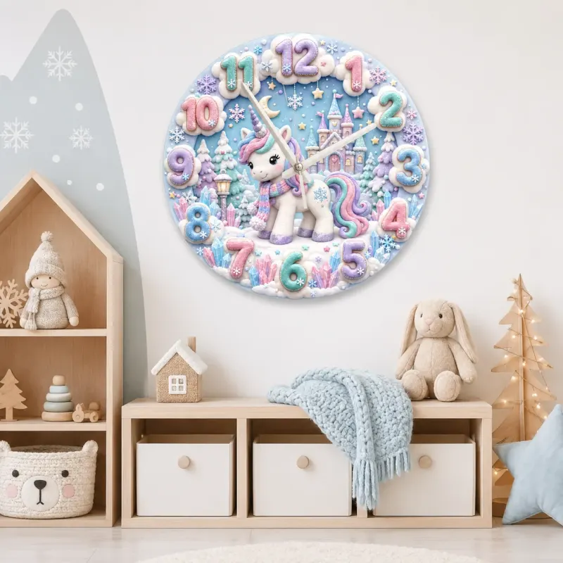 Magical Winter Unicorn Kids Room Wall Clock