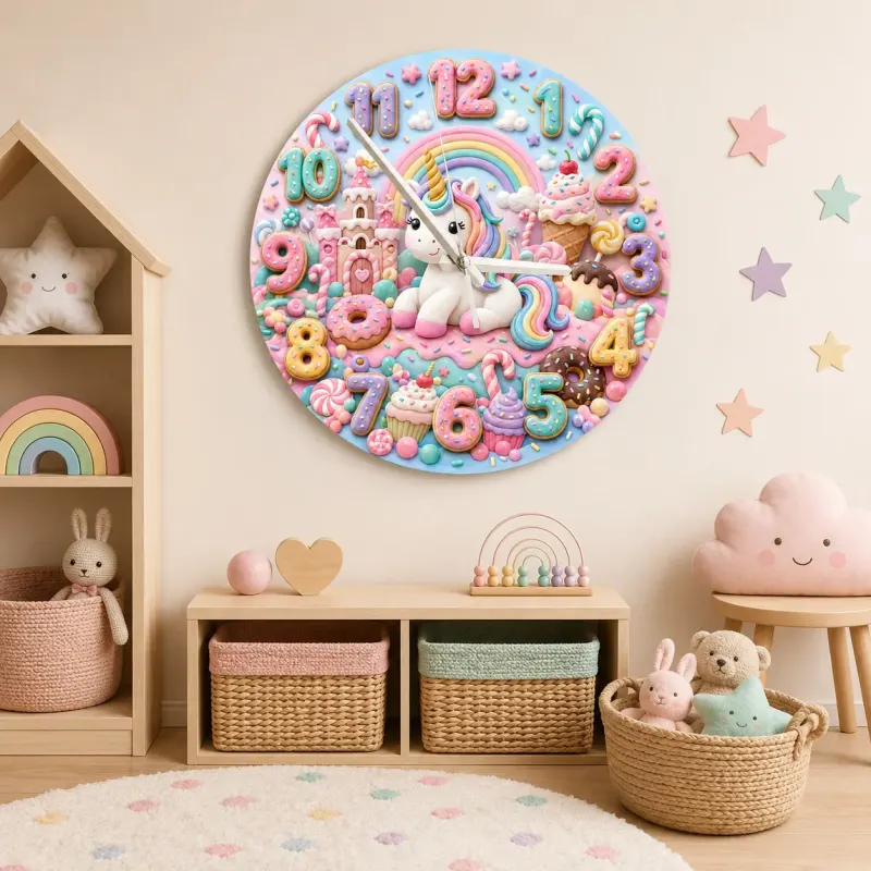 Pastel Candy Unicorn Kids Room Wall Clock