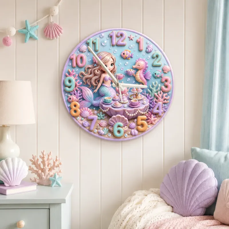 Magical Mermaid Tea Party Kids Room Wall Clock