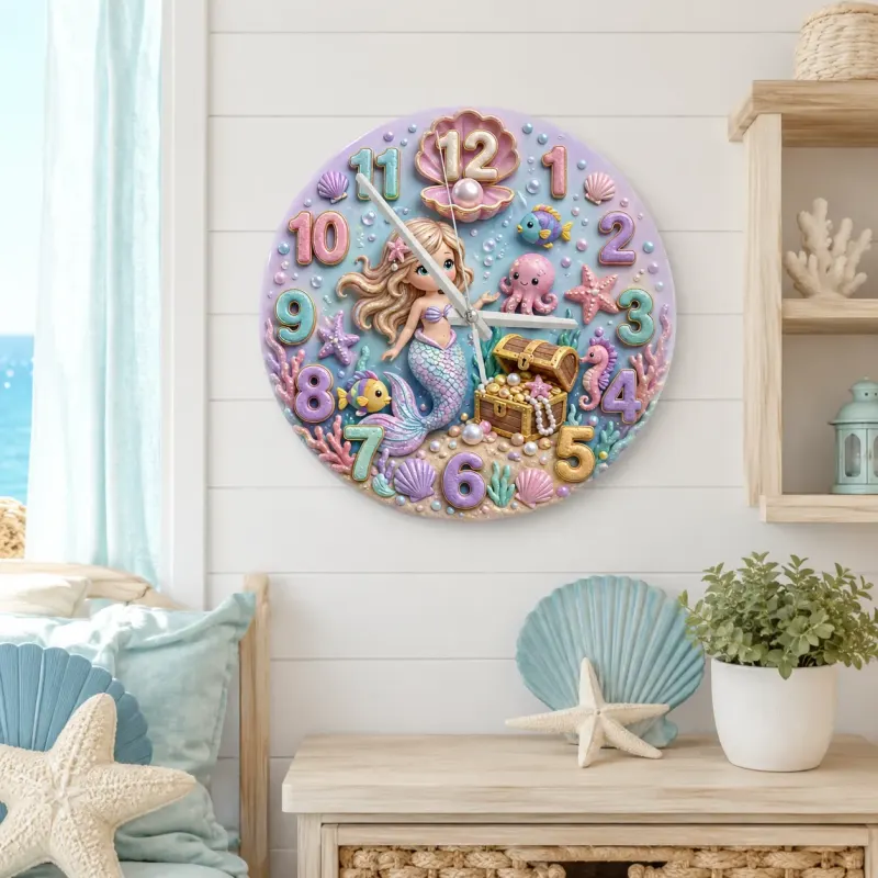 Pastel Mermaid Ocean Kids Room Wall Clock