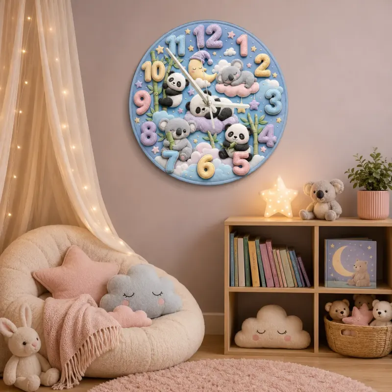 Pastel Panda and Koala Kids Room Wall Clock