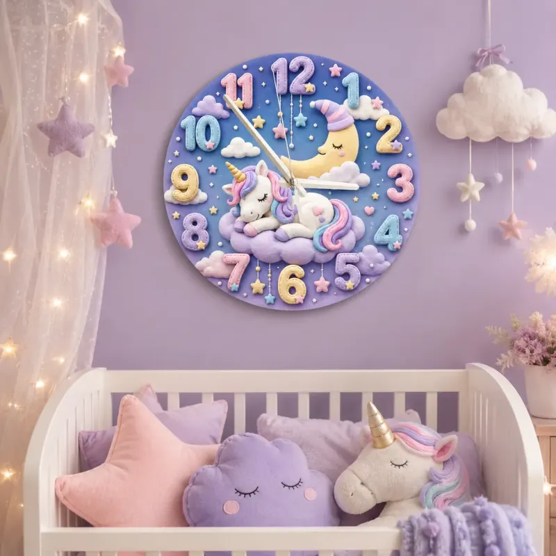 Magical Sleeping Unicorn Kids Room Wall Clock | Pastel Moon Nursery Decor, Sweet Dreams Baby Girls Bedroom Keepsake (13.6 inch / 34.5 cm)