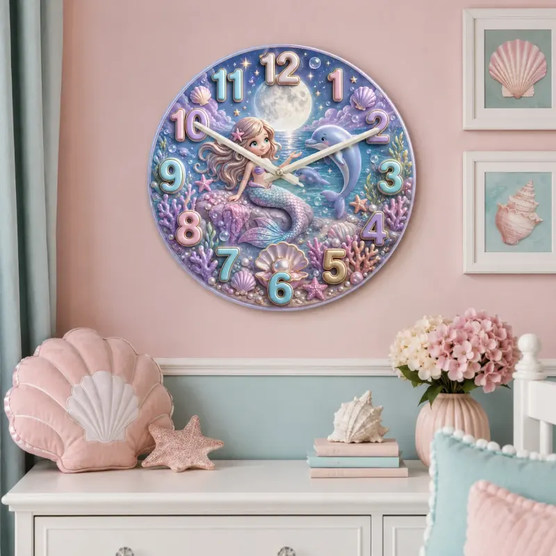 Magical Mermaid & Dolphin Kids Room Wall Clock