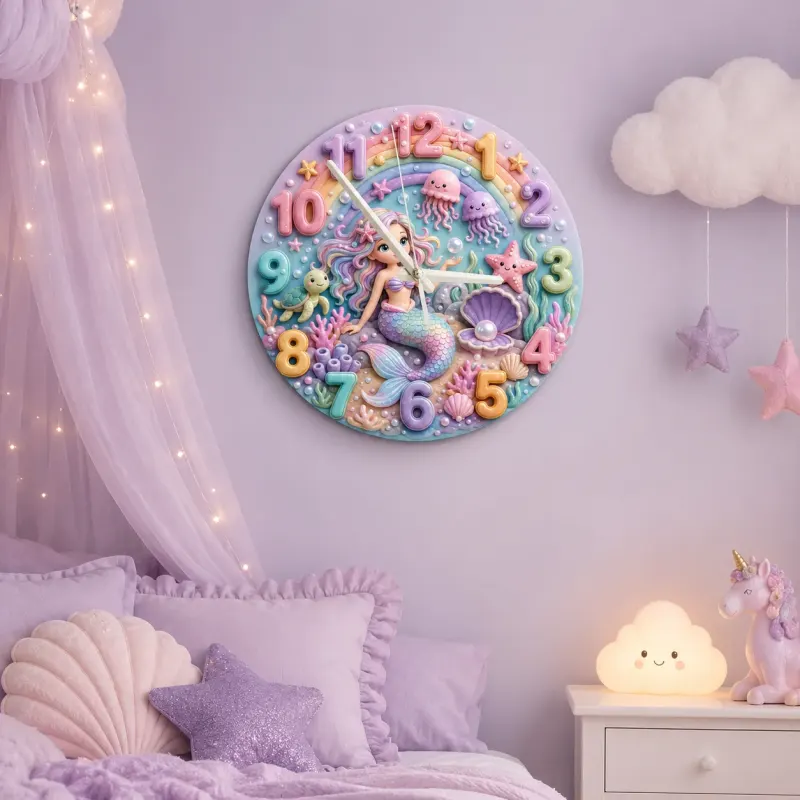 Pastel Mermaid Ocean Kids Room Wall Clock