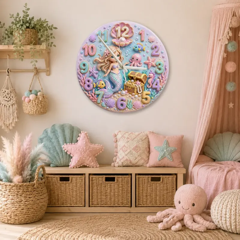 Pastel Mermaid Ocean Kids Room Wall Clock