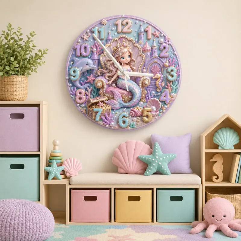 Pastel Mermaid Princess Kids Room Wall Clock