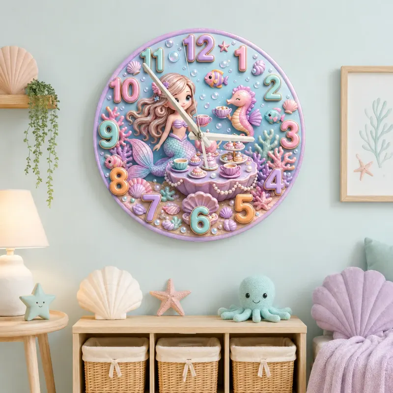 Magical Mermaid Tea Party Kids Room Wall Clock