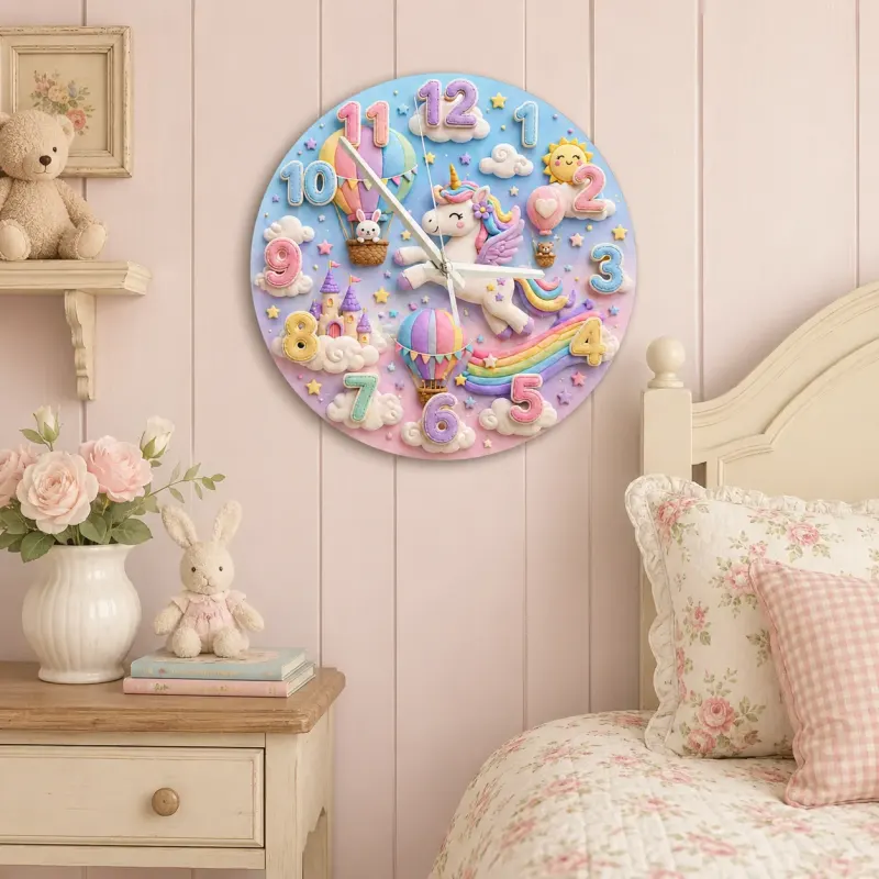 Magical Unicorn Hot Air Balloon Kids Room Wall Clock
