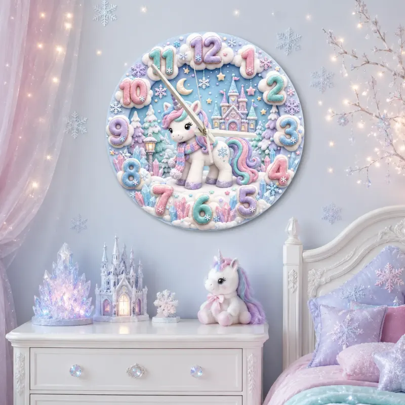 Magical Winter Unicorn Kids Room Wall Clock