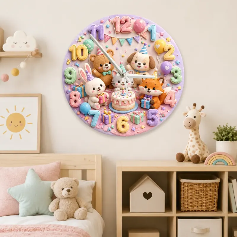 Whimsical Birthday Party Animals Kids Room Wall Clock