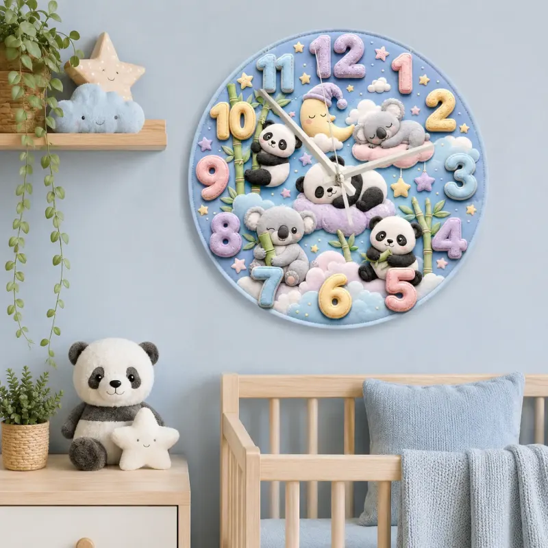 Pastel Panda and Koala Kids Room Wall Clock