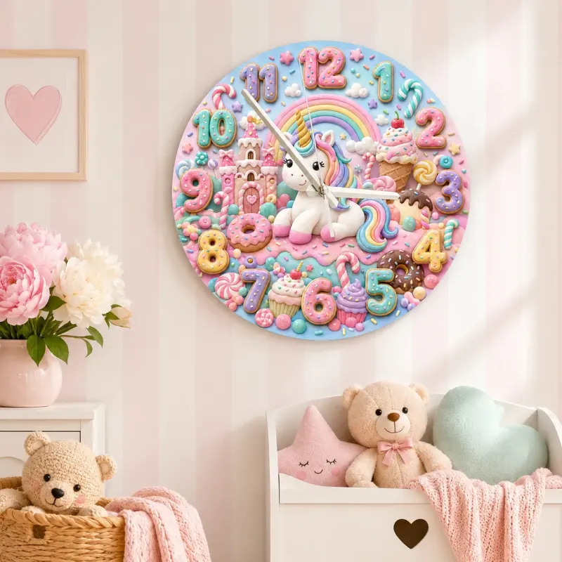 Pastel Candy Unicorn Kids Room Wall Clock