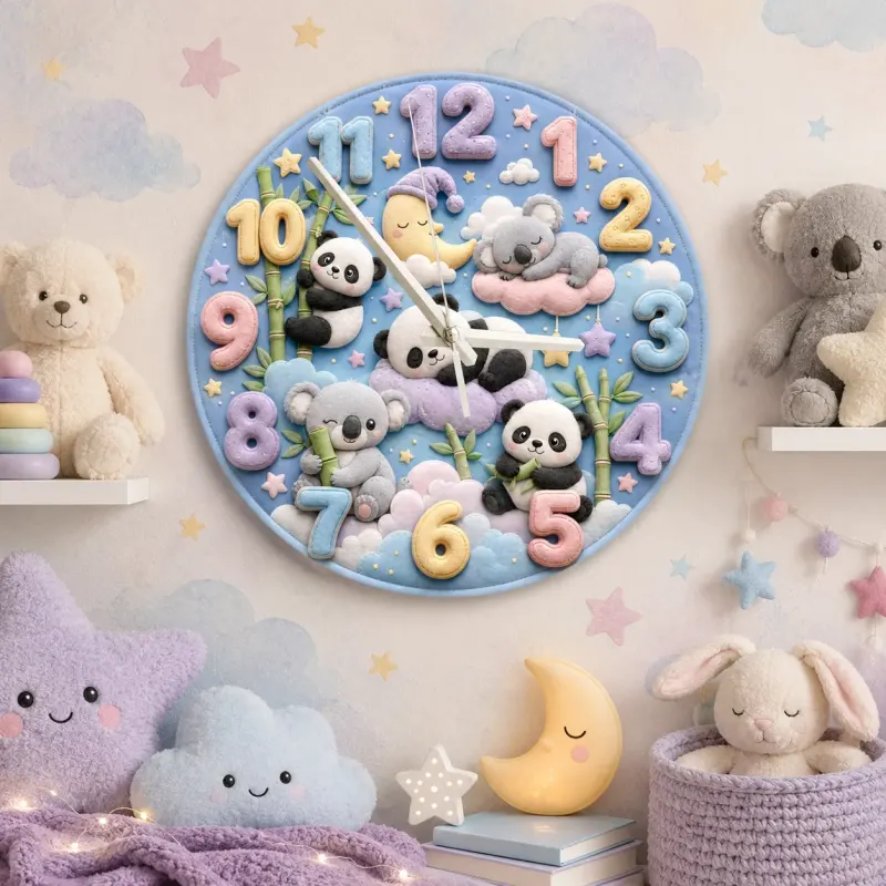 Pastel Panda and Koala Kids Room Wall Clock