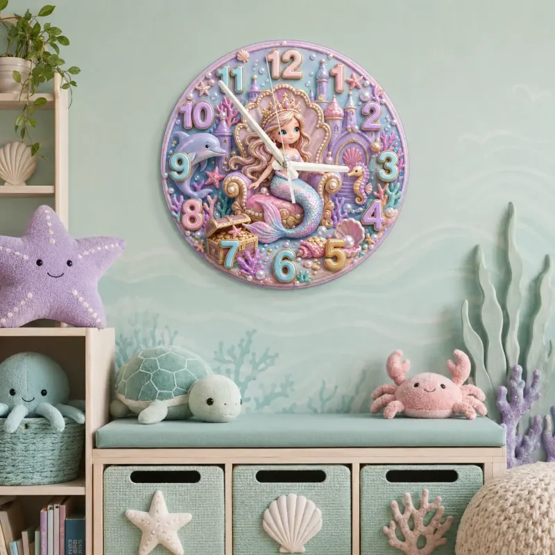 Pastel Mermaid Princess Kids Room Wall Clock