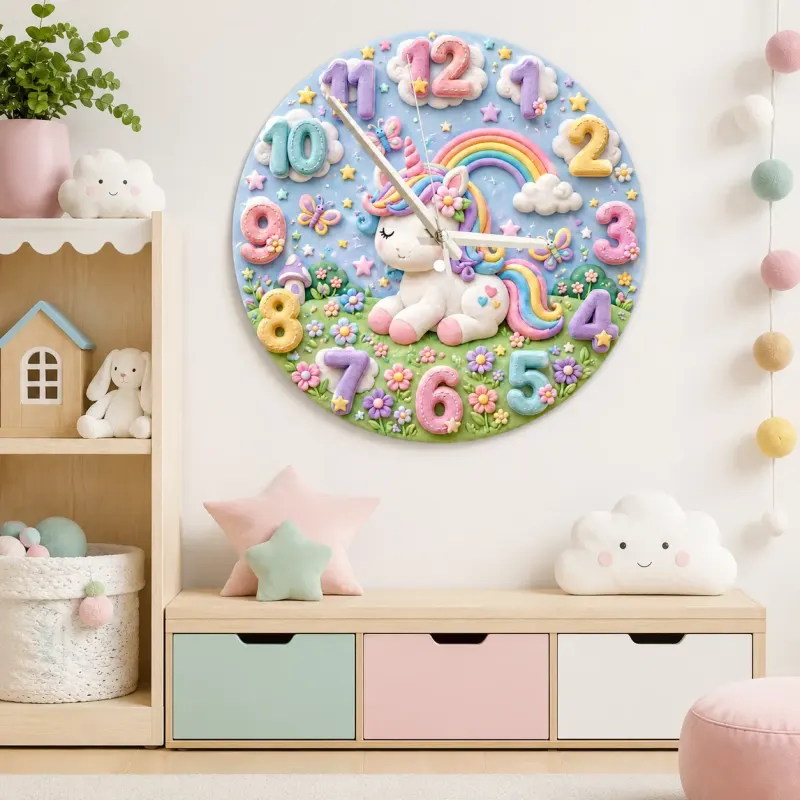 Pastel Unicorn and Rainbow Kids Room Wall Clock