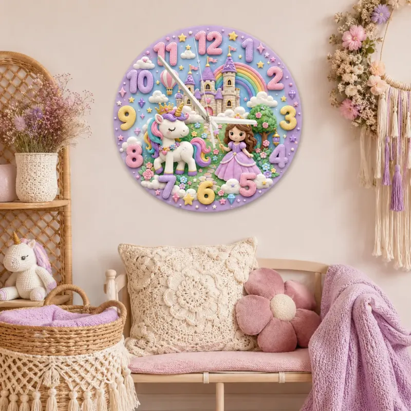 Magical Princess & Unicorn Kids Room Wall Clock