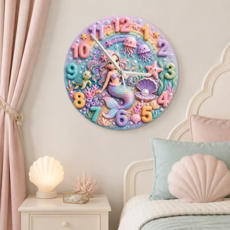 Pastel Mermaid Ocean Kids Room Wall Clock