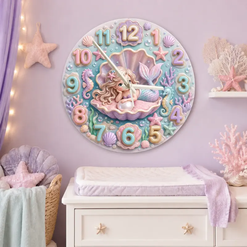 Pastel Mermaid Seashell Kids Room Wall Clock
