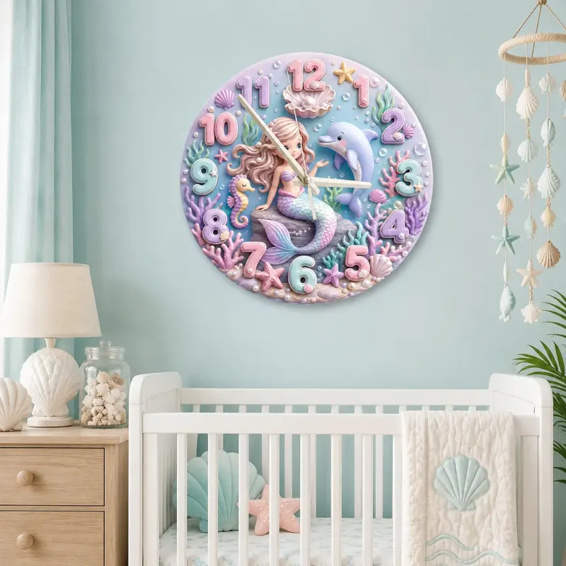 Magical Pastel Mermaid Kids Room Wall Clock | Under The Sea Nursery Decor, Baby Girl Baby Shower Birthday Keepsake (13.6 inch / 34.5 cm)