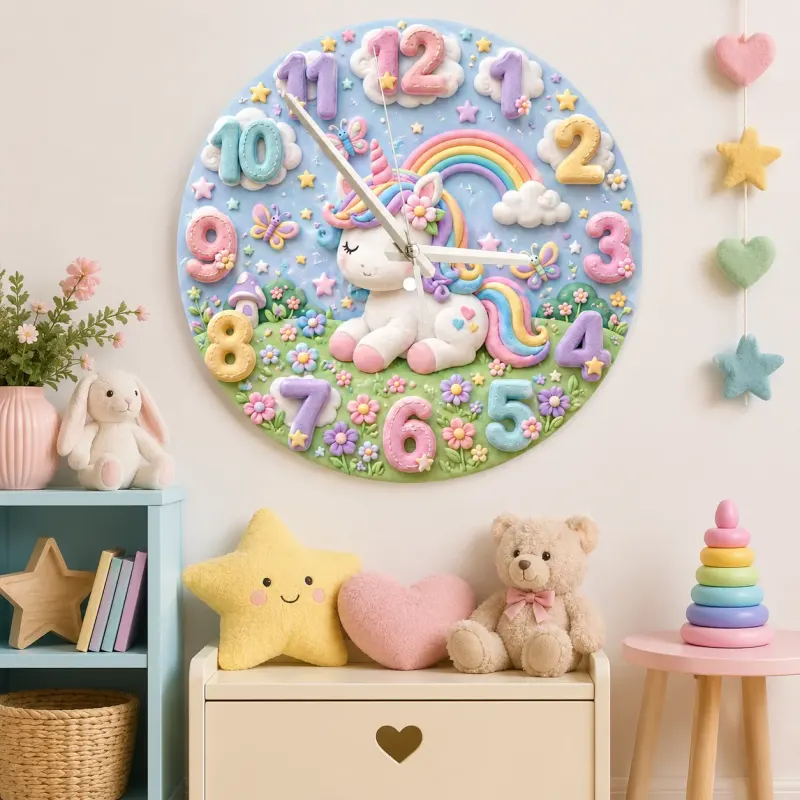 Pastel Unicorn and Rainbow Kids Room Wall Clock