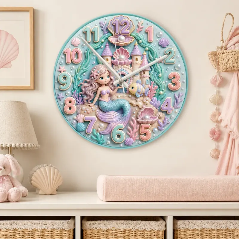 Pastel Ocean Mermaid Kids Room Wall Clock