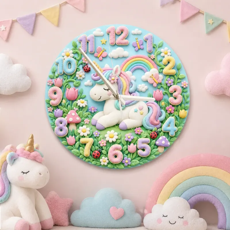 Pastel Unicorn and Rainbow Kids Room Wall Clock