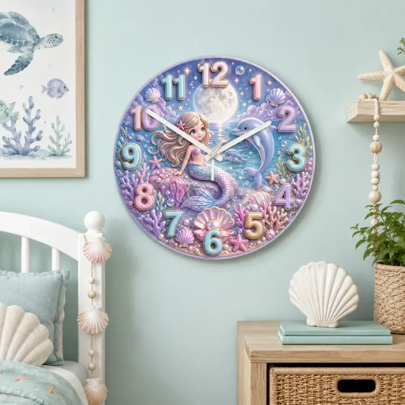 Magical Mermaid & Dolphin Kids Room Wall Clock | Pastel Ocean Nursery Decor, Sweet Baby Girl Birthday Gift Keepsake (13.6 inch / 34.5 cm)
