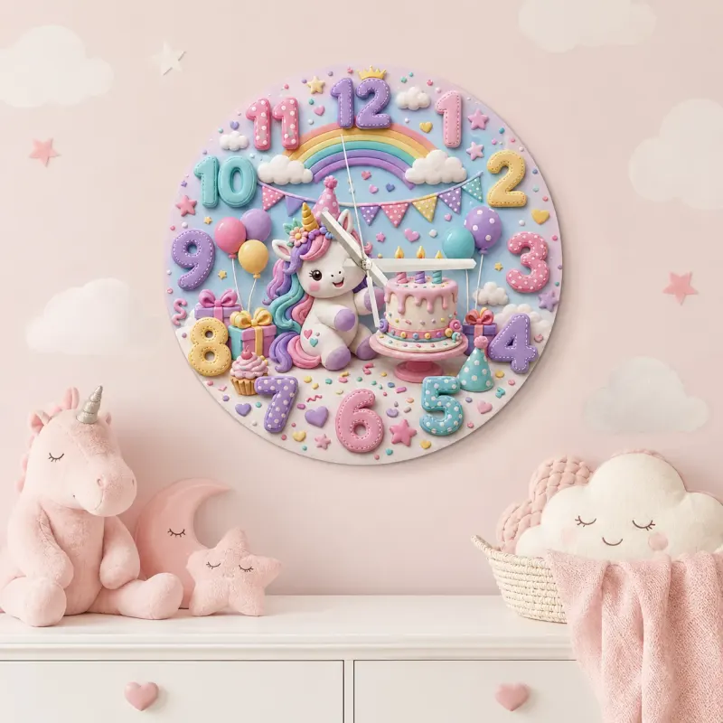 Pastel Unicorn Birthday Kids Room Wall Clock