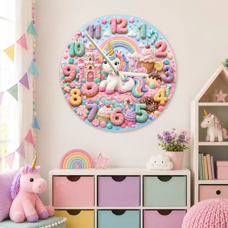 Pastel Candy Unicorn Kids Room Wall Clock