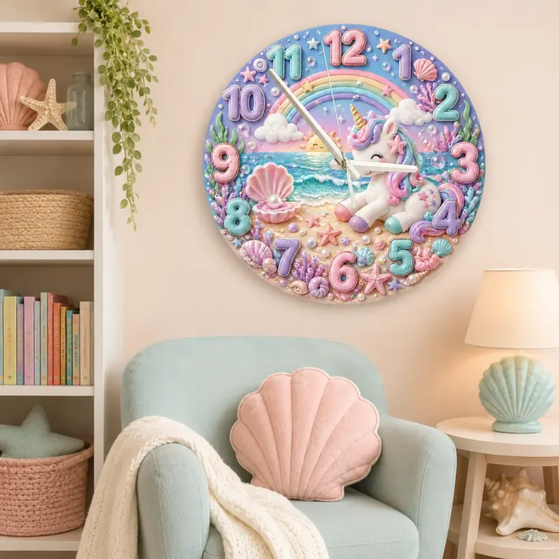 Magical Beach Unicorn Kids Room Wall Clock