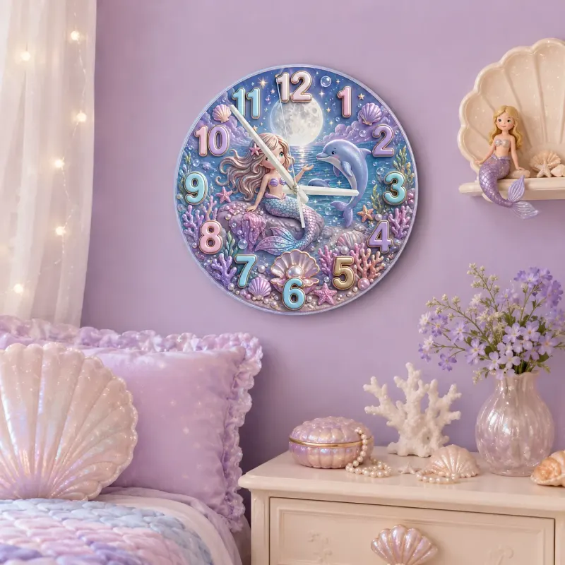 Magical Mermaid & Dolphin Kids Room Wall Clock