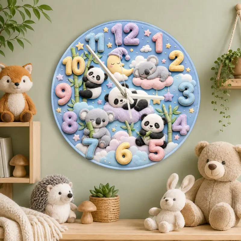 Pastel Panda and Koala Kids Room Wall Clock