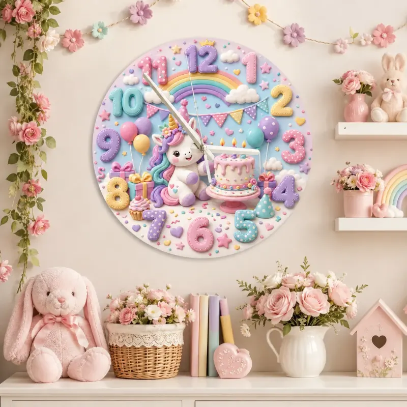 Pastel Unicorn Birthday Kids Room Wall Clock