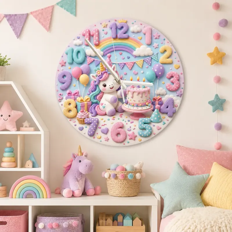 Pastel Unicorn Birthday Kids Room Wall Clock