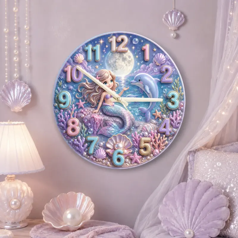Magical Mermaid & Dolphin Kids Room Wall Clock