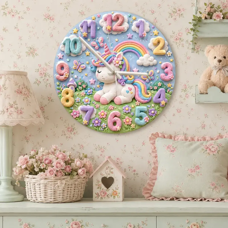 Pastel Unicorn and Rainbow Kids Room Wall Clock