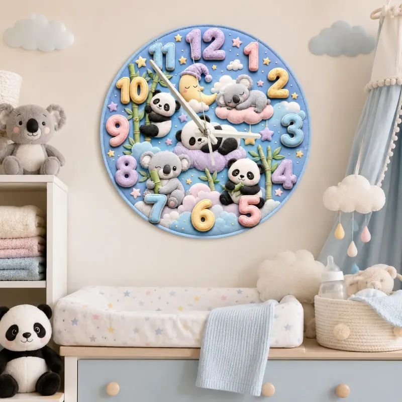 Pastel Panda and Koala Kids Room Wall Clock