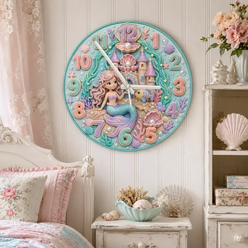 Pastel Ocean Mermaid Kids Room Wall Clock