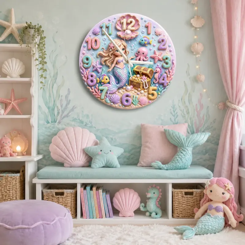 Pastel Mermaid Ocean Kids Room Wall Clock