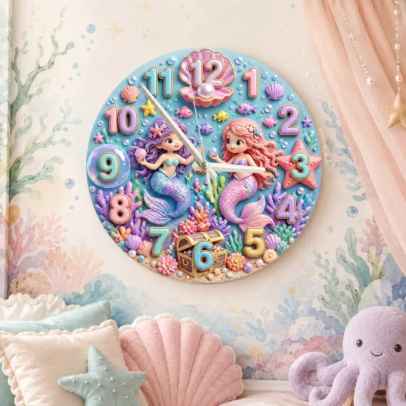 Pastel Mermaid Kids Room Wall Clock