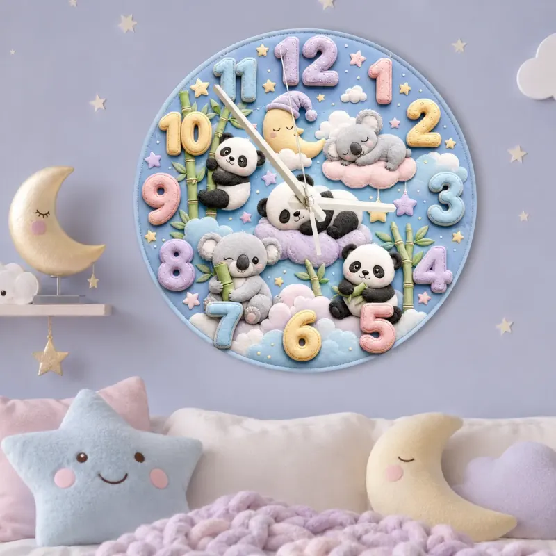 Pastel Panda and Koala Kids Room Wall Clock