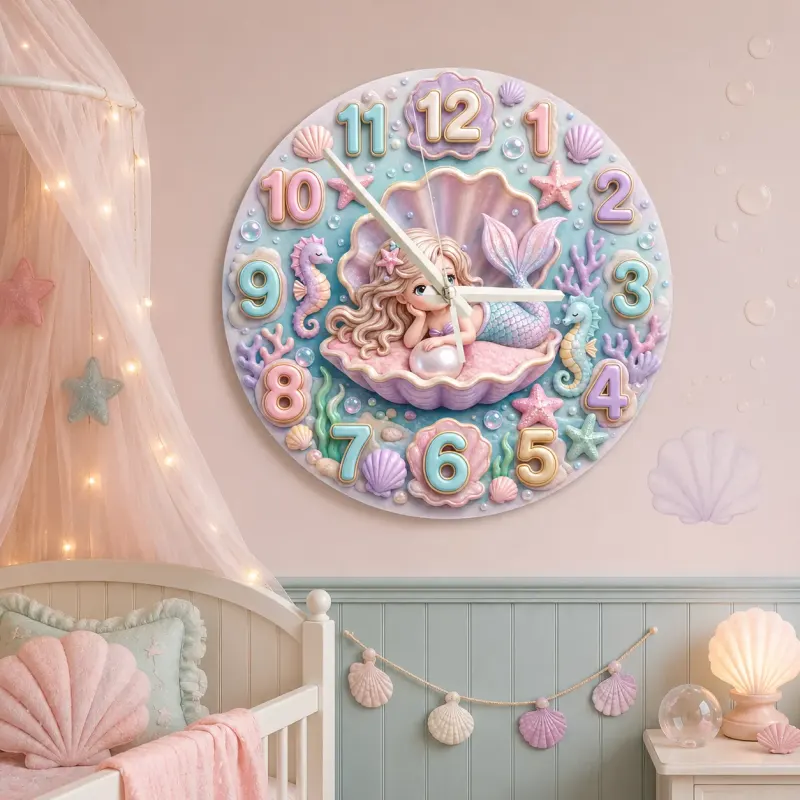 Pastel Mermaid Seashell Kids Room Wall Clock