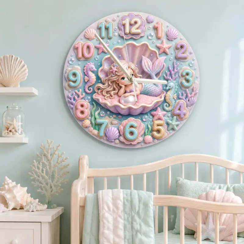 Pastel Mermaid Seashell Kids Room Wall Clock | Under The Sea Nursery Decor, Magical Baby Girl Bedroom Birthday Gift (13.6 inch / 34.5 cm)