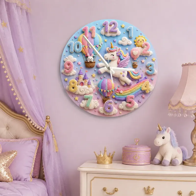 Magical Unicorn Hot Air Balloon Kids Room Wall Clock