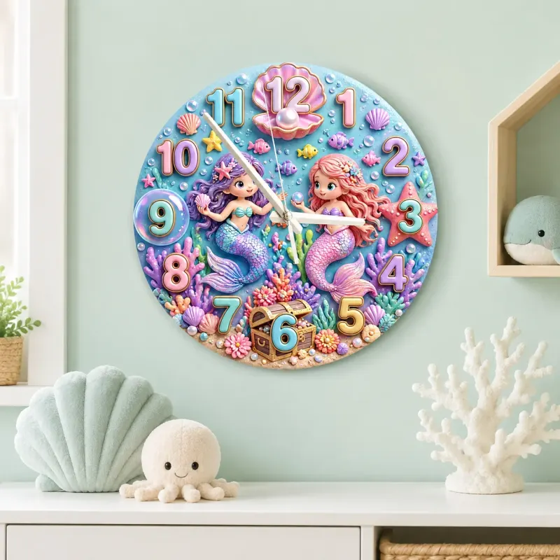 Pastel Mermaid Kids Room Wall Clock