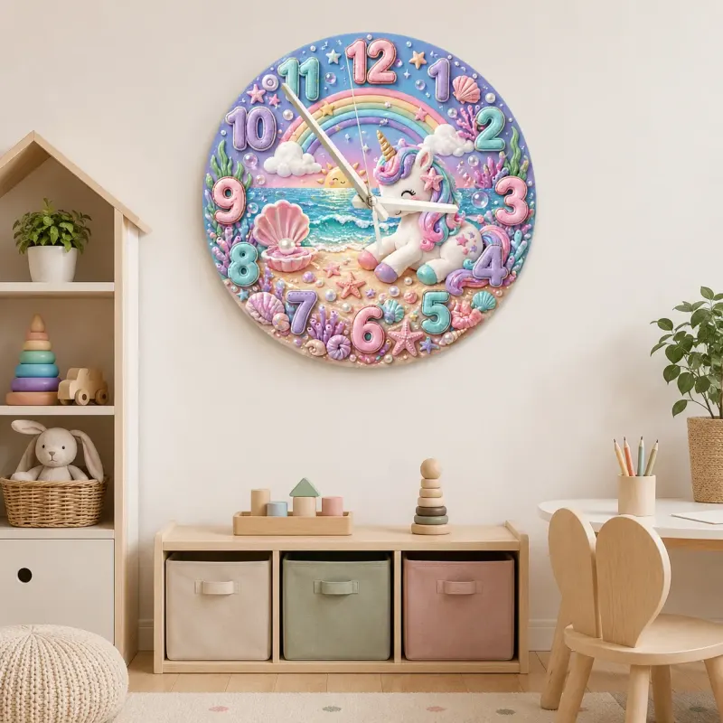 Magical Beach Unicorn Kids Room Wall Clock