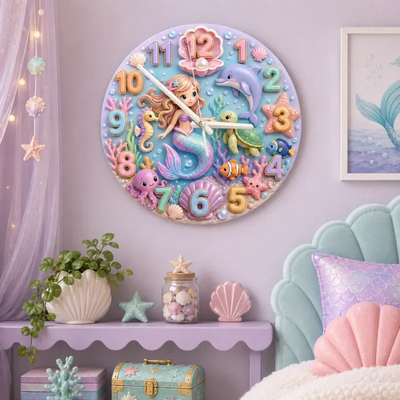 Magical Mermaid Under The Sea Kids Room Wall Clock