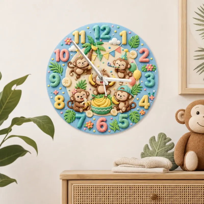 Playful Jungle Monkey Kids Room Wall Clock | Safari Nursery Decor, Cute Tropical Baby Shower Gift For Boys & Girls (13.6 inch / 34.5 cm)